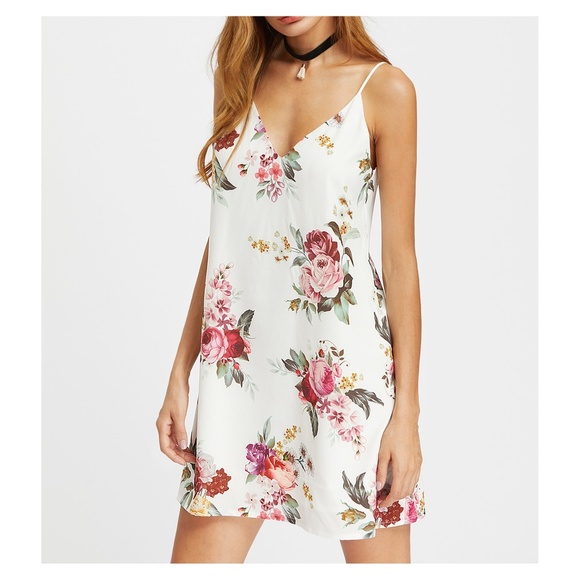 White Floral Spaghetti Straps Cami Slip Dress - Picture 2 of 5